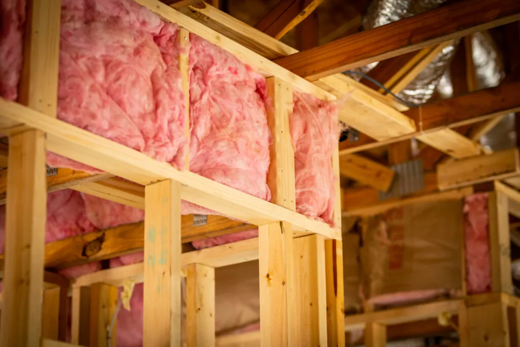 Exposed pink fiberglass insulation in a home under construction.