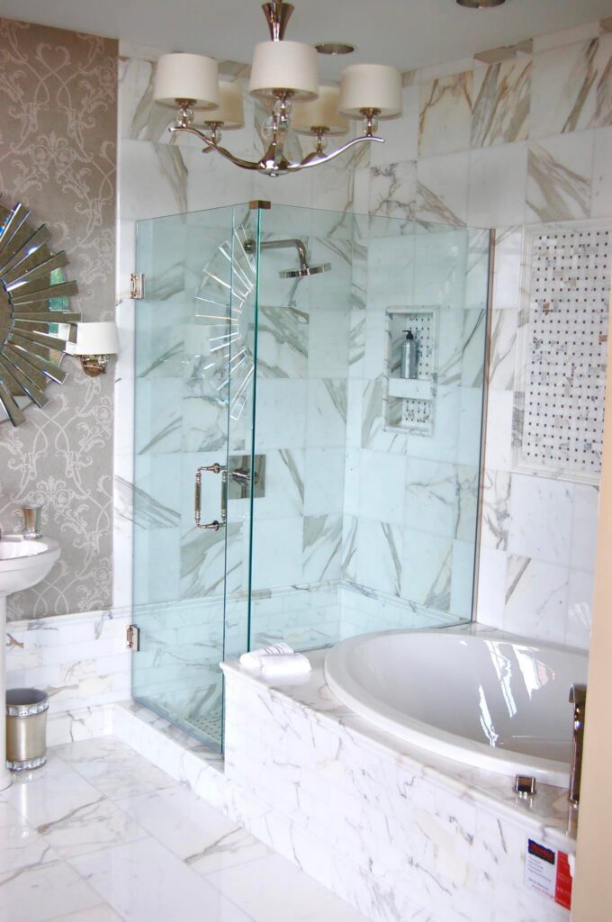 Modern bathroom with glass shower.